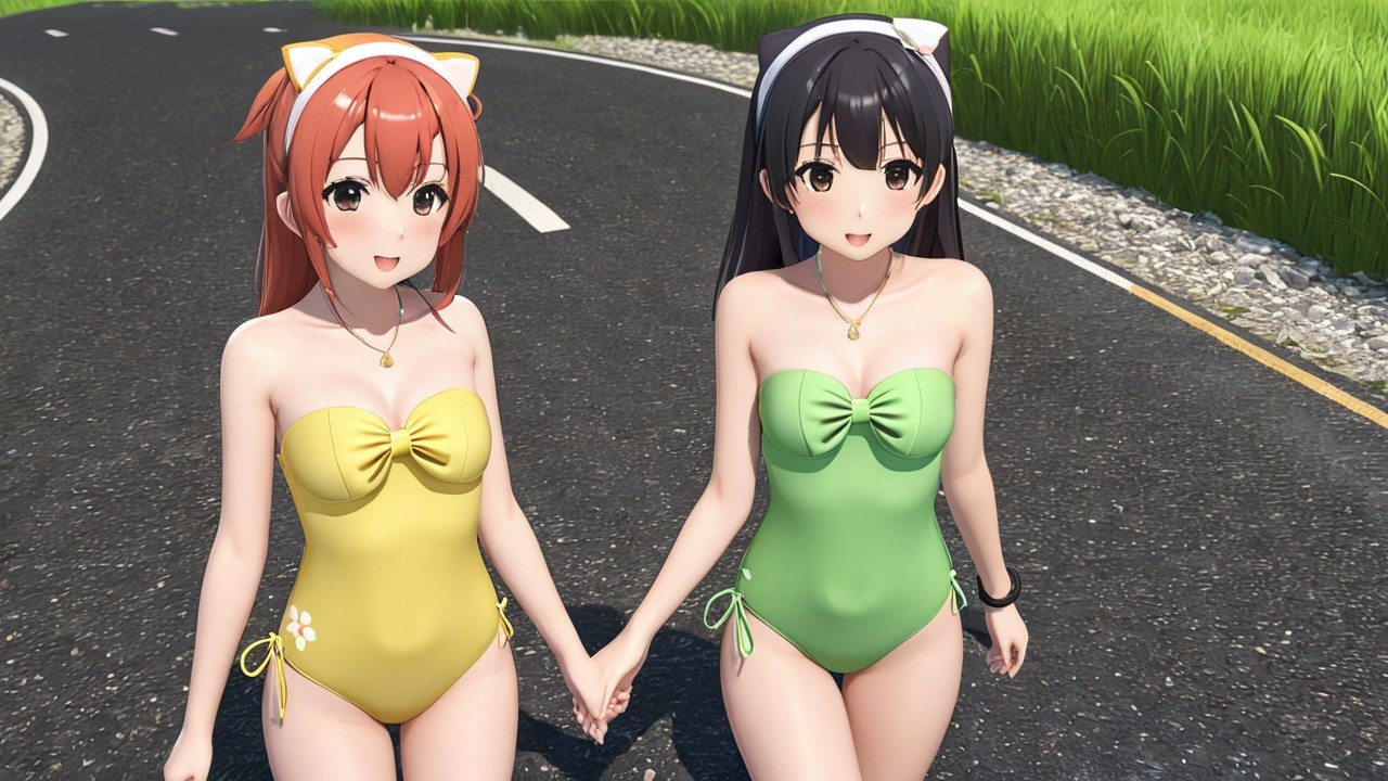 Animated Characters in Bright Swimsuits on a Road