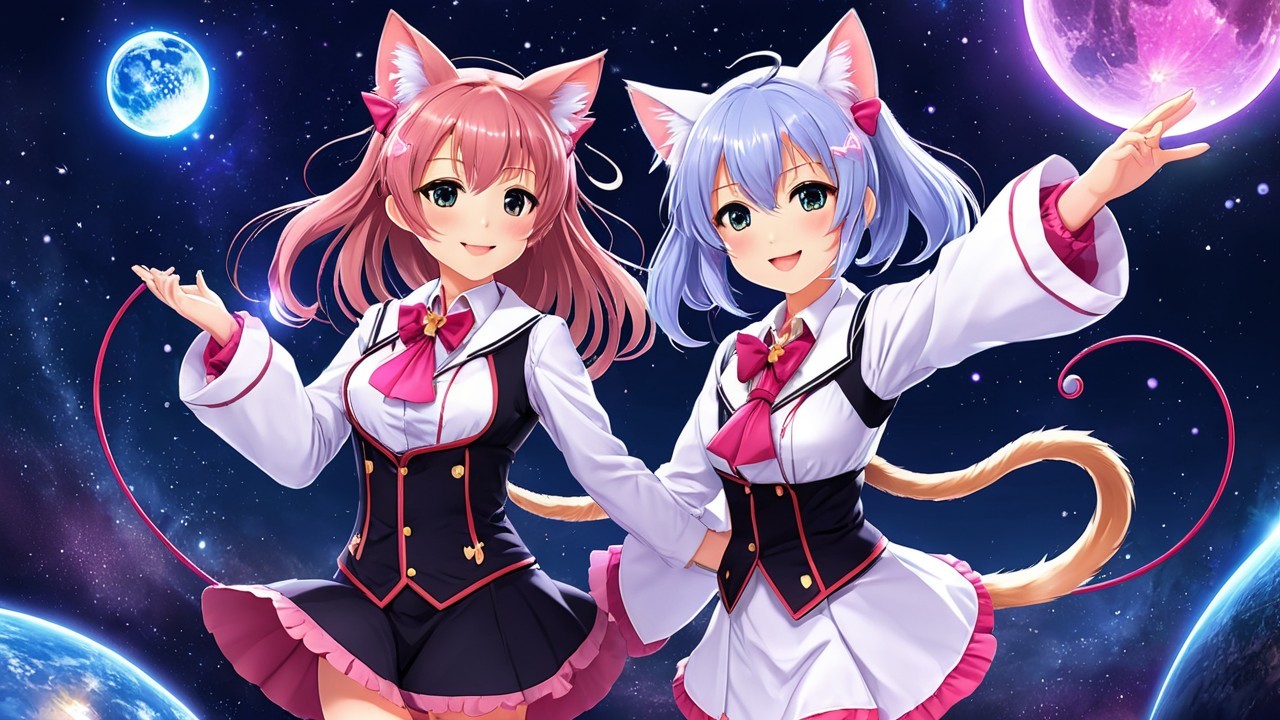 Anime Characters in Cosmic Background with Cat Features