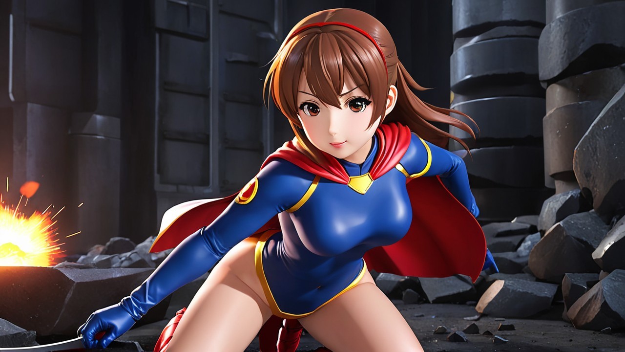 Anime-style character in blue and red costume with cape