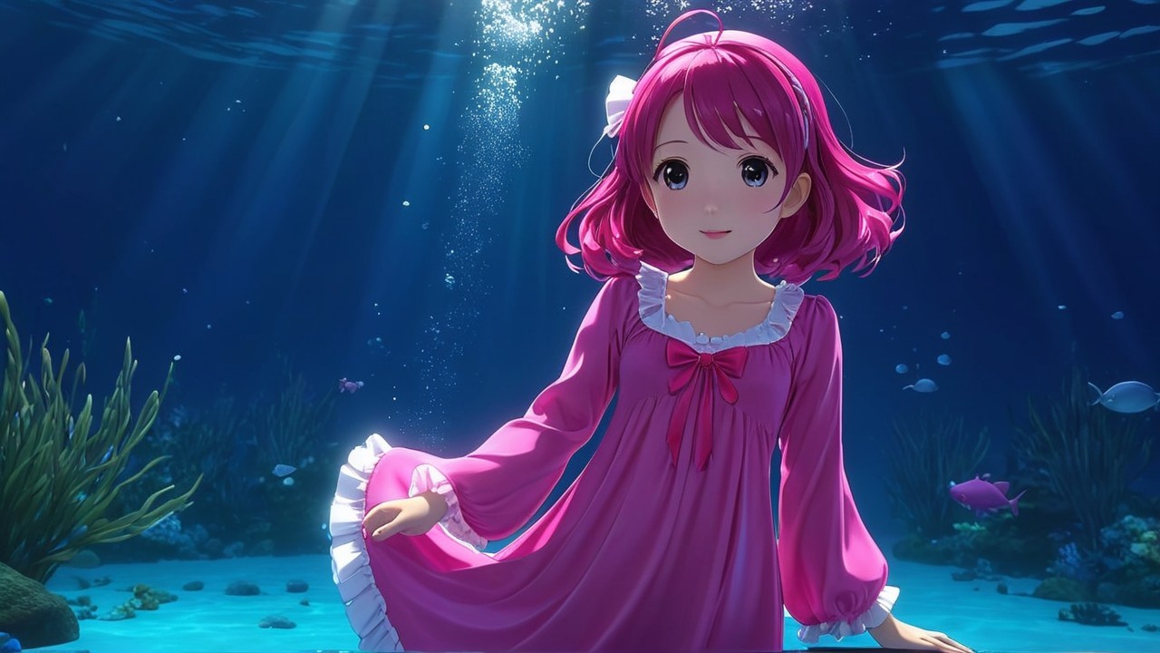 Young girl with pink hair in serene underwater scene