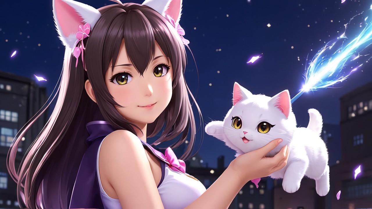 Girl with Cat Ears Holding Fluffy White Cat at Night