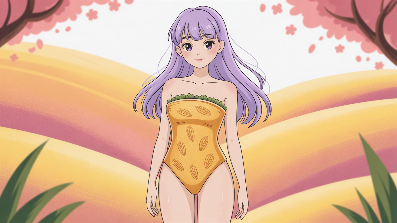Anime girl in orange swimsuit with purple hair and landscape