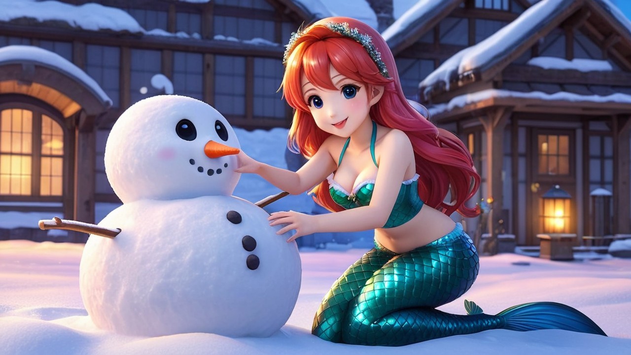 Mermaid in Snowy Landscape Crafting a Snowman