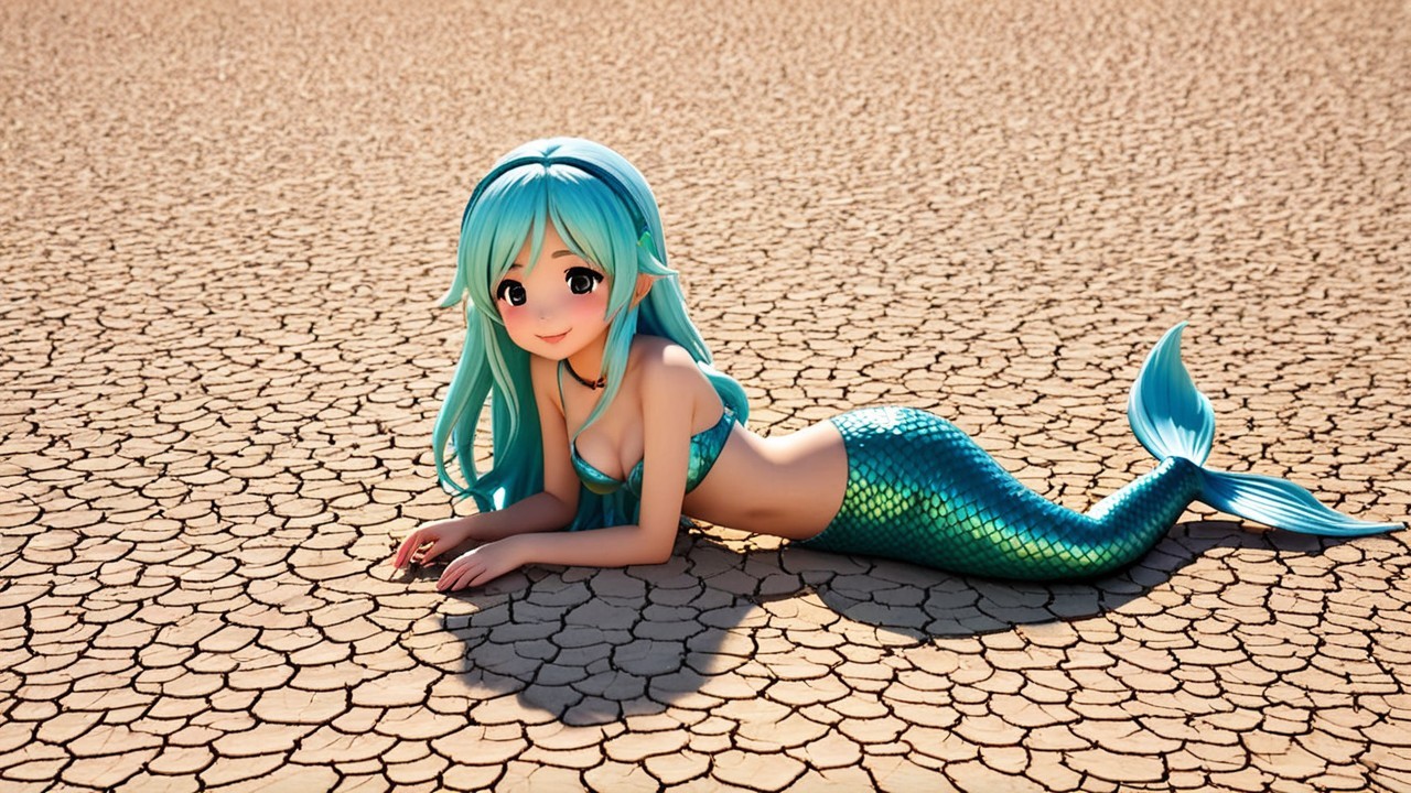 Whimsical Mermaid on Cracked Landscape with Vibrant Colors