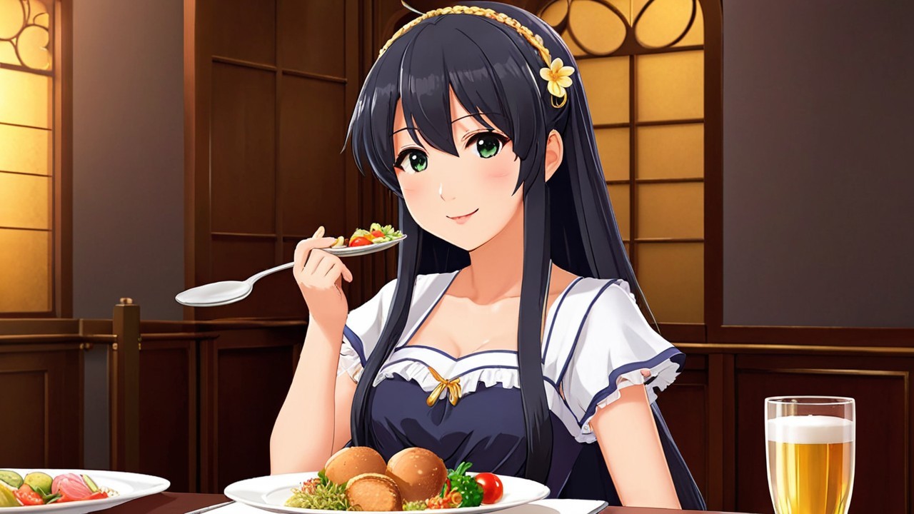 Young Woman at Dining Table with Food and Drinks