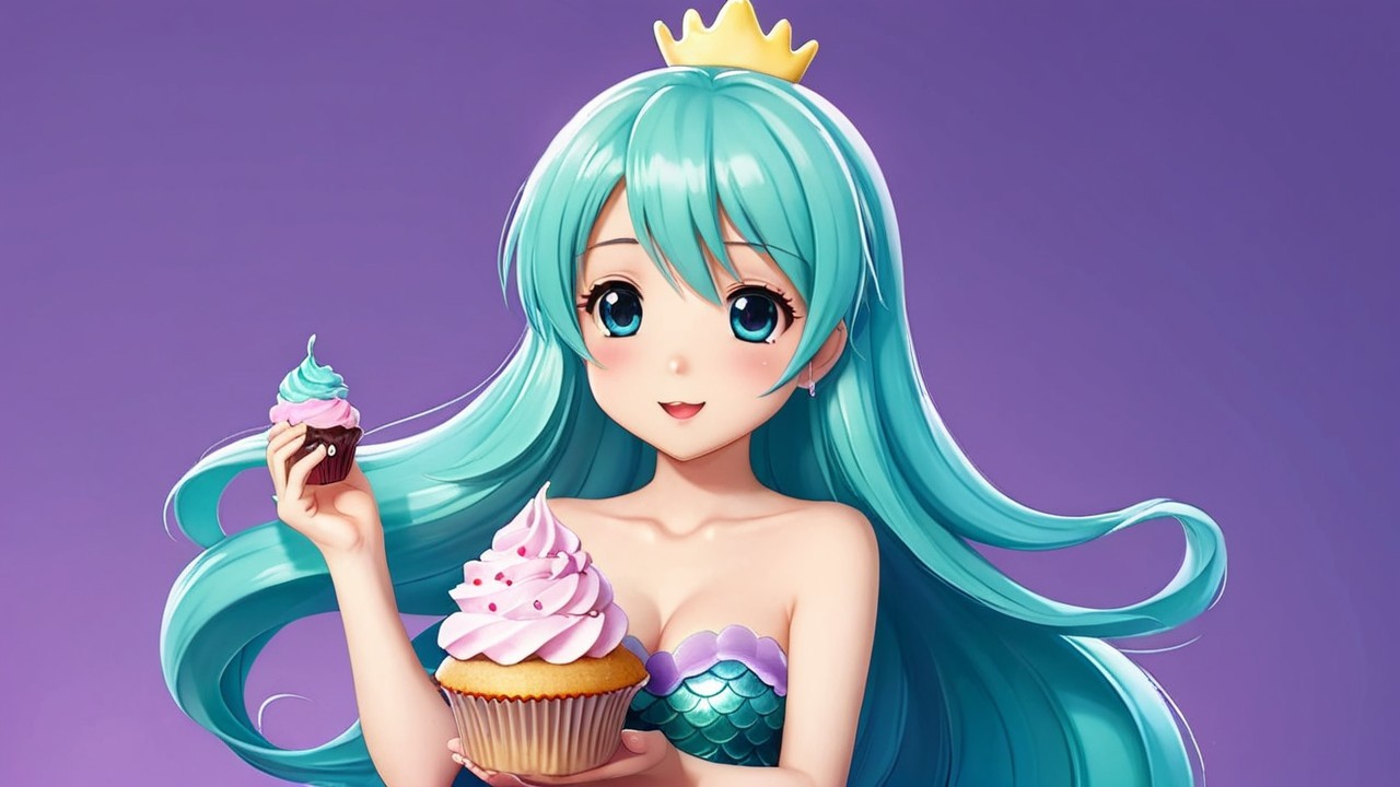 Vibrant anime character with turquoise hair and crown