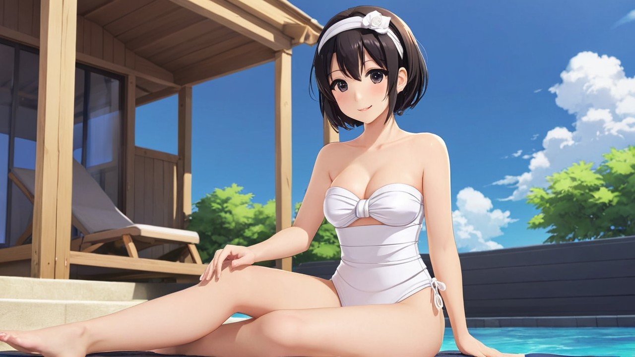 Cheerful Anime Character by Sparkling Pool in Summer