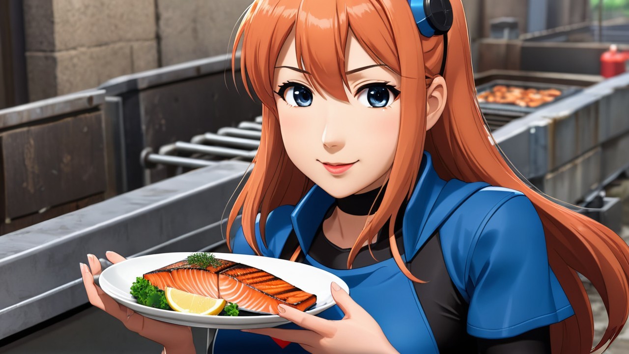Young Woman in Kitchen with Salmon Dish and Grilling Gear