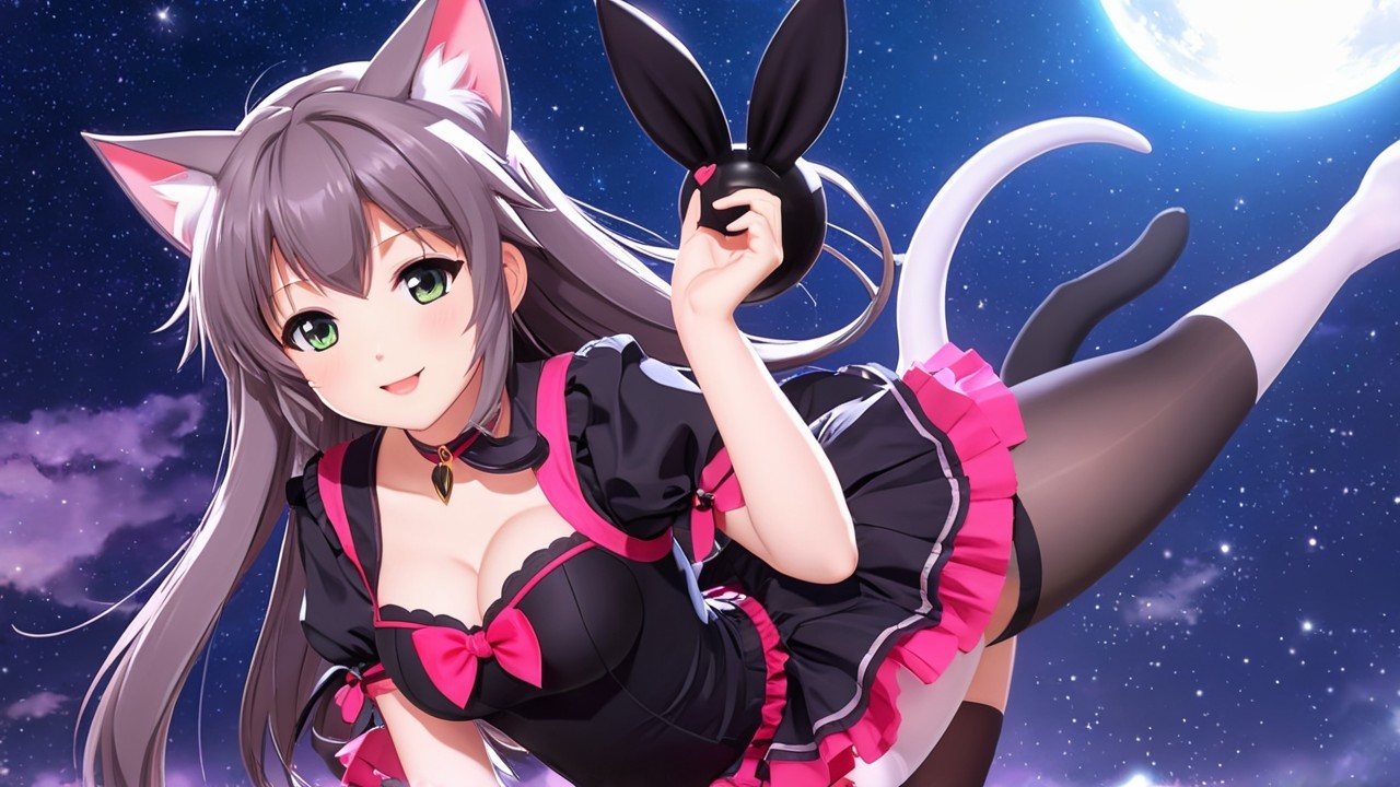 Playful Character in Cat Costume with Bunny Toy