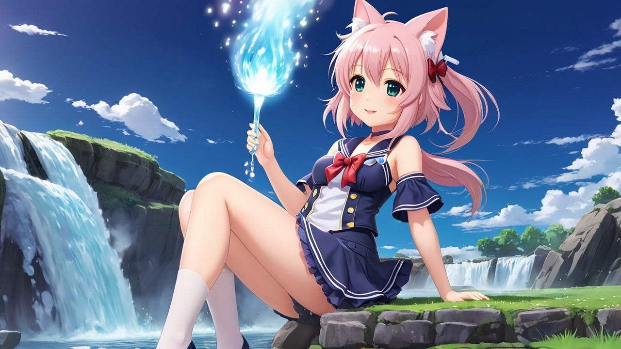 Cheerful anime character by a serene waterfall
