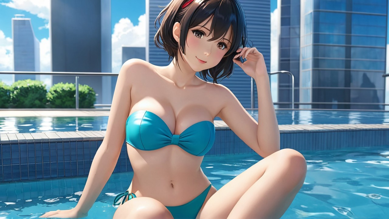 Young Woman in Teal Bikini by Skyscraper Pool
