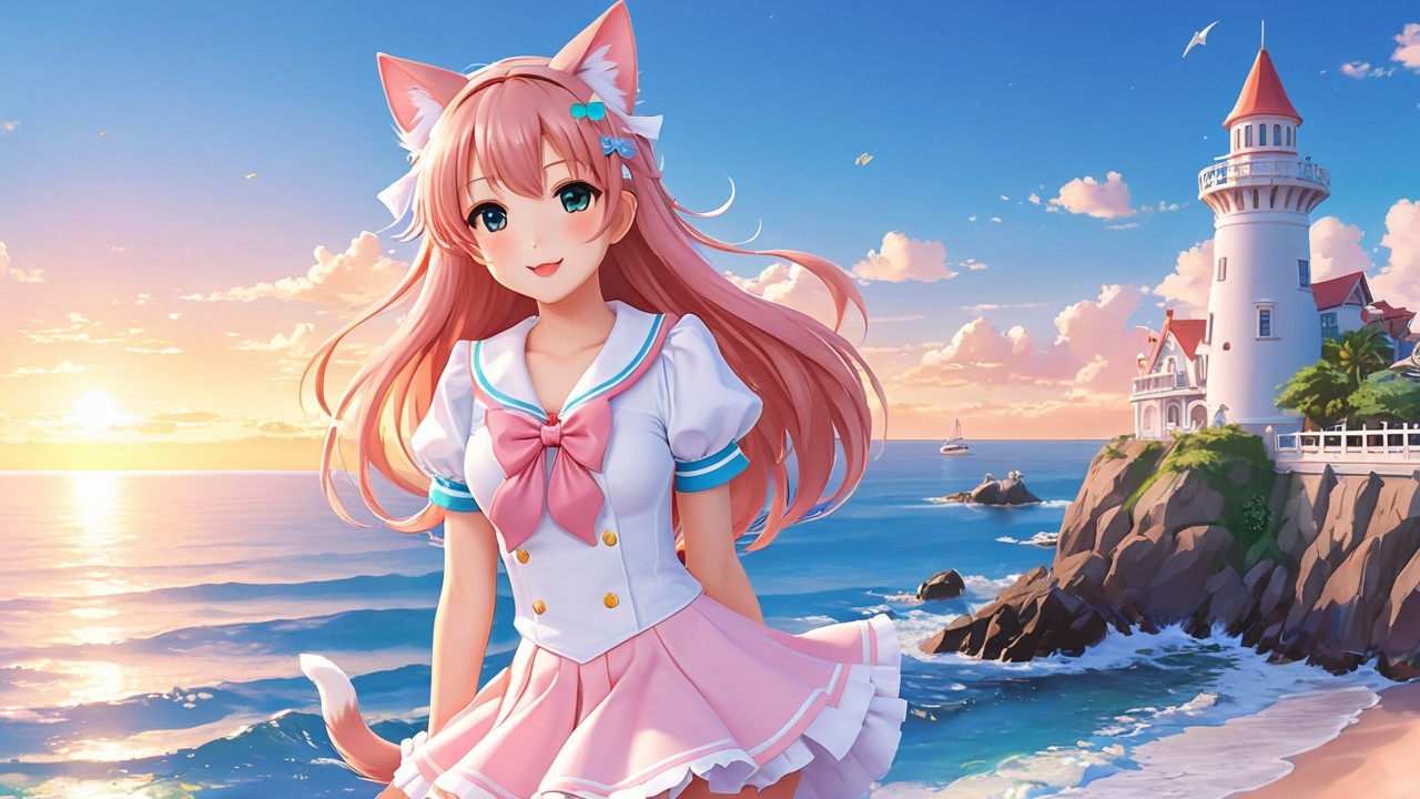 Animated Scene of Girl with Cat Ears at Sunset