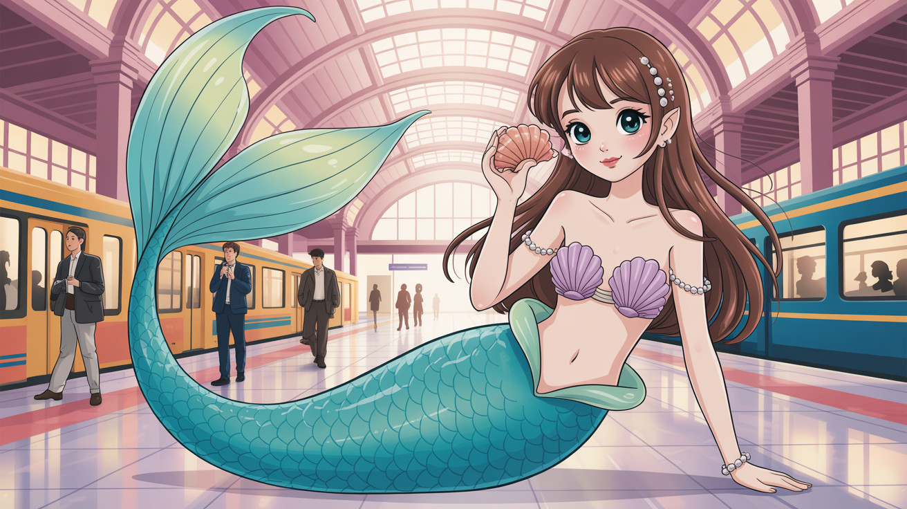 Mermaid on Subway Platform with Colorful Background