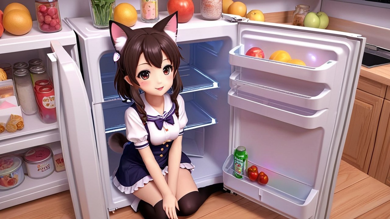 Whimsical Anime Character in a Colorful Refrigerator Scene