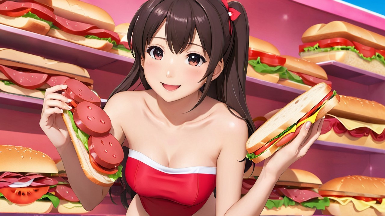 Cheerful anime girl with sandwich in vibrant setting