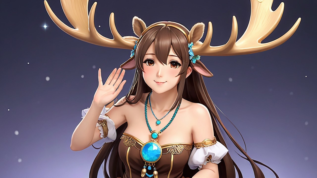Whimsical character with antlers and floral adornments