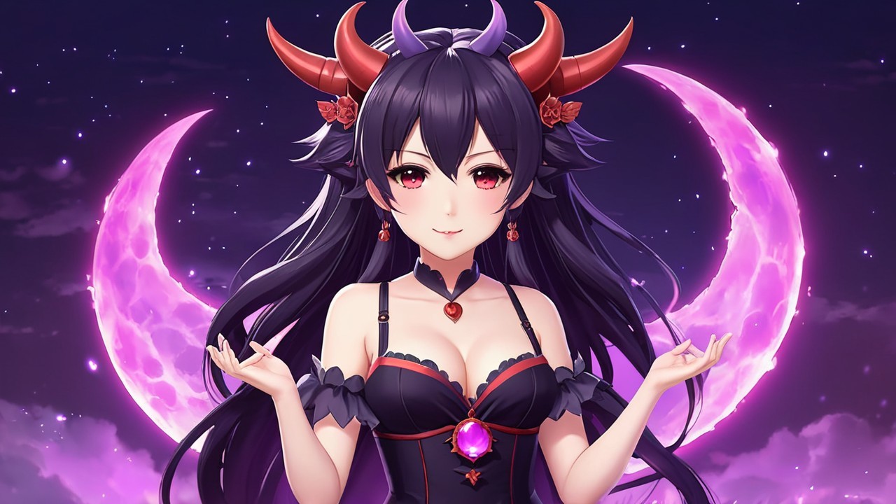 Fantasy Character with Dark Hair and Red Horns