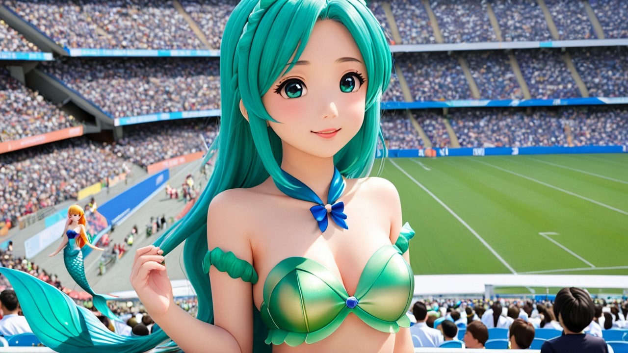 Animated Mermaid in Stadium with Cheering Crowd