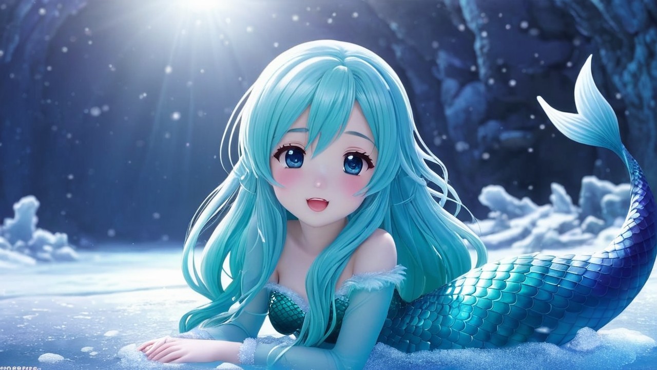 Anime-Style Mermaid in Snowy Underwater Scene