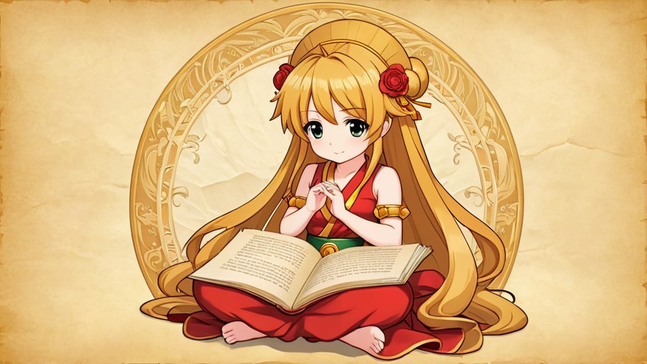 Cheerful girl in red dress reading a large book