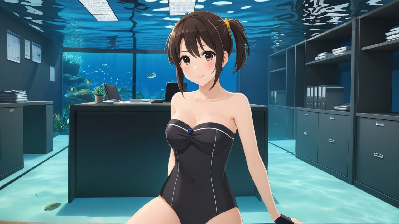 Animated Character in Black Swimsuit Underwater Office