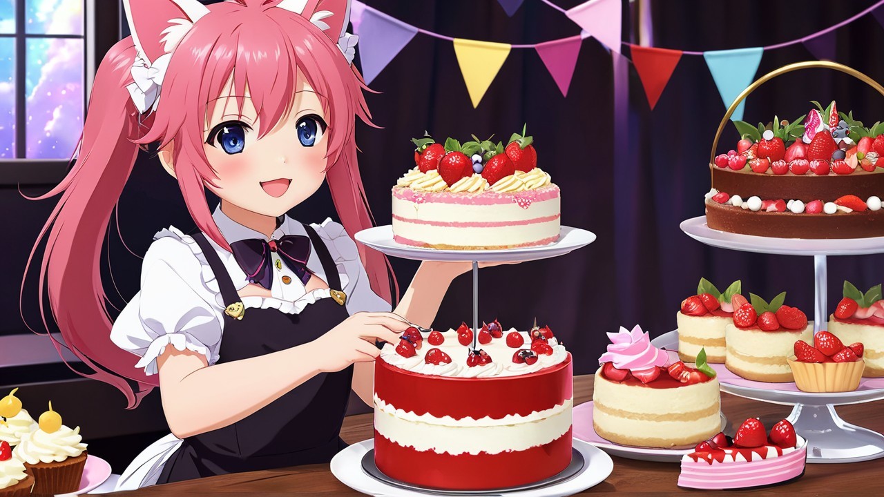 Cheerful Character Arranging Colorful Tiered Cake