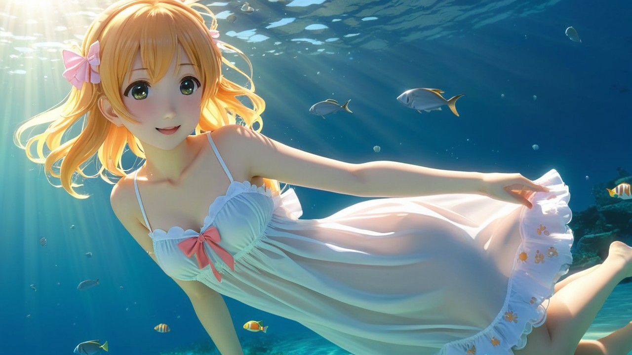 Cheerful animated character swimming in magical waters