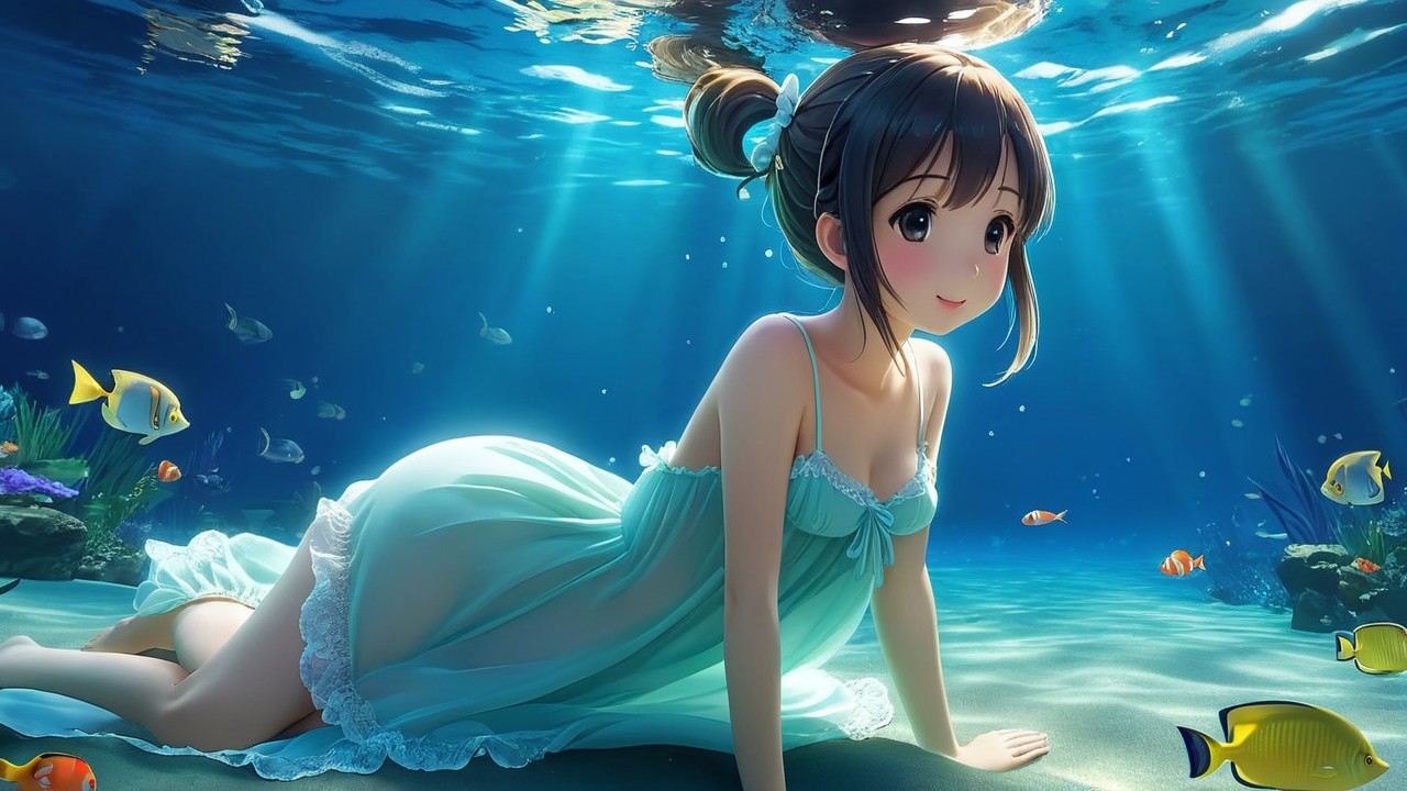 Underwater Scene with Girl in Light Blue Dress