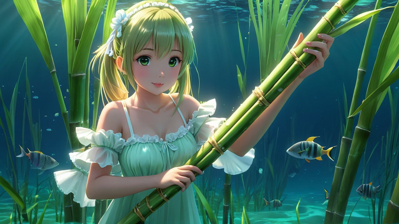 Young girl with green hair in vibrant underwater scene