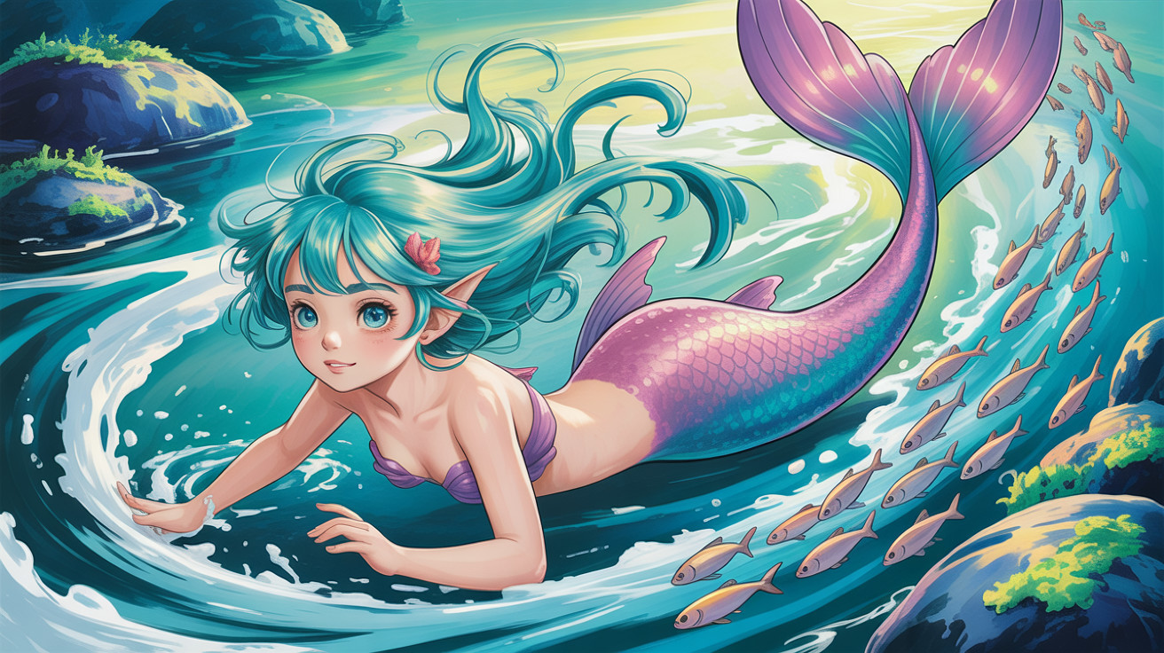 Anime Mermaid Swimming in Turquoise Water with Fish