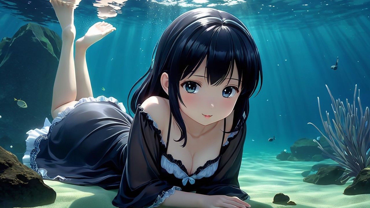 Underwater Scene with Young Woman in Black Dress