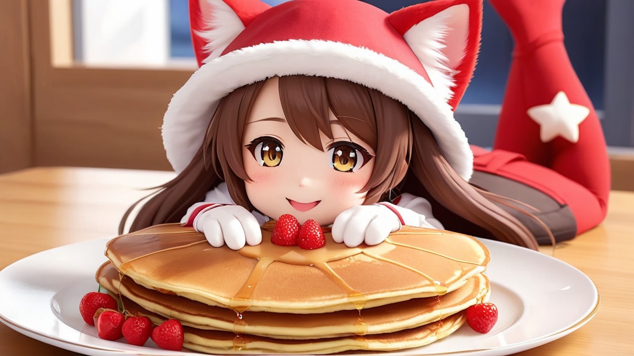 Cute animated character with cat ears and pancakes