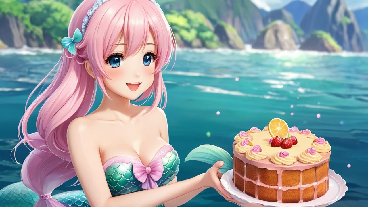 Cheerful mermaid with cake in vibrant ocean setting
