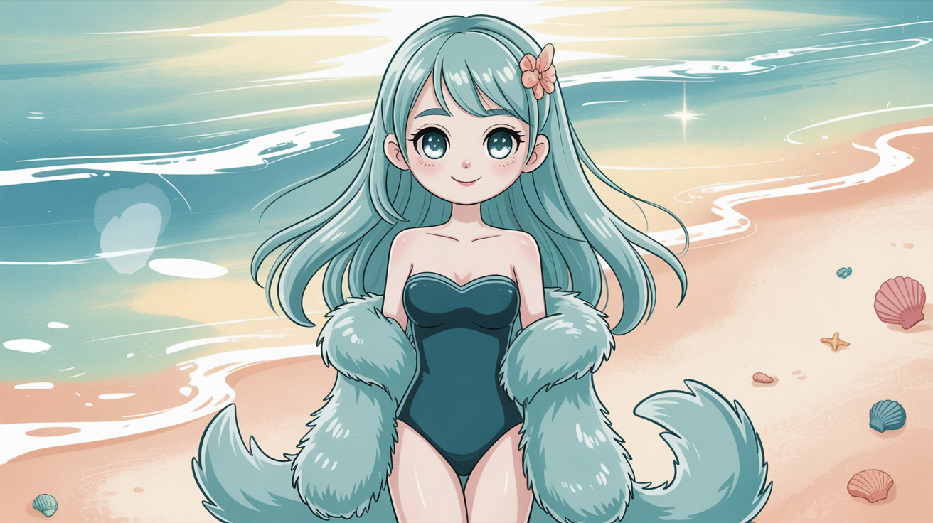 Anime Portrait of a Mermaid on a Sandy Beach