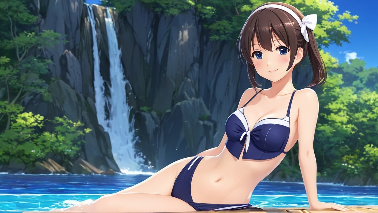 Young Woman by Serene Lake with Waterfall Background