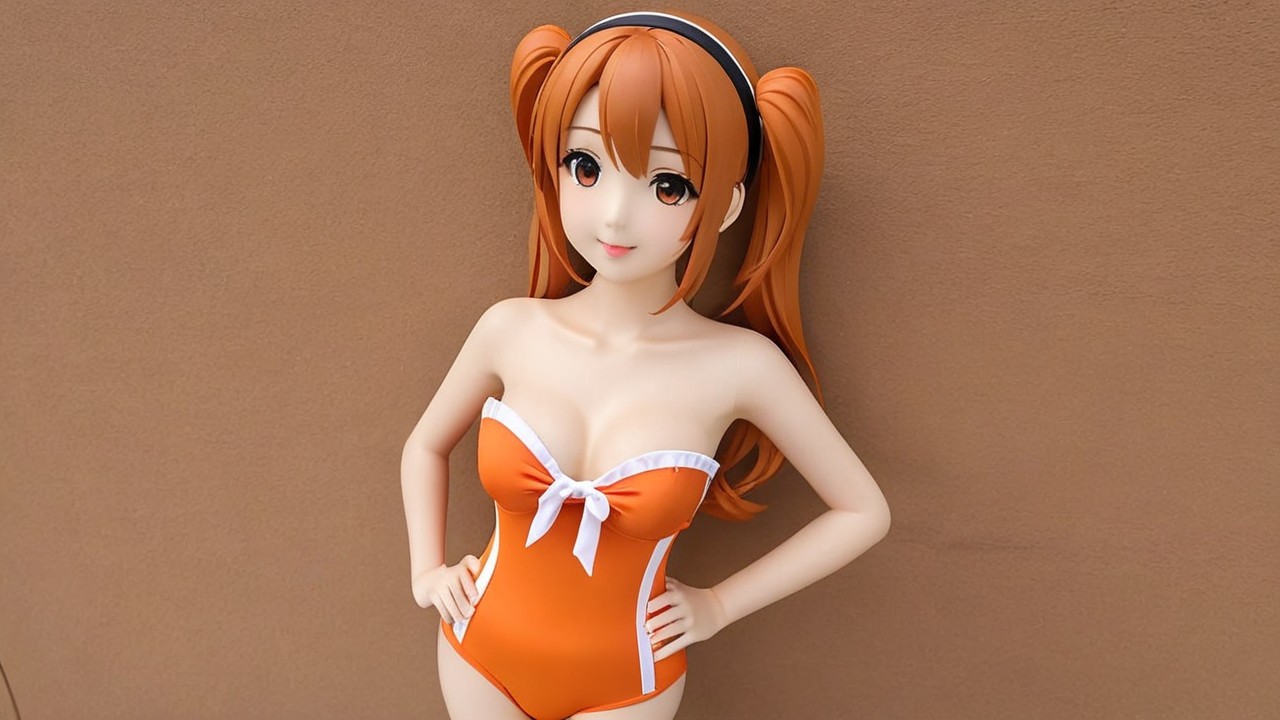 Lifelike figure of a young woman in orange swimsuit