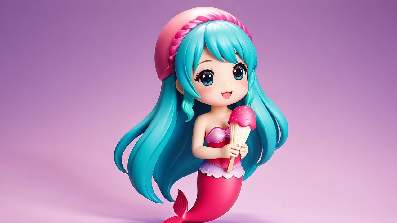 Stylized mermaid character with vibrant colors and ice cream