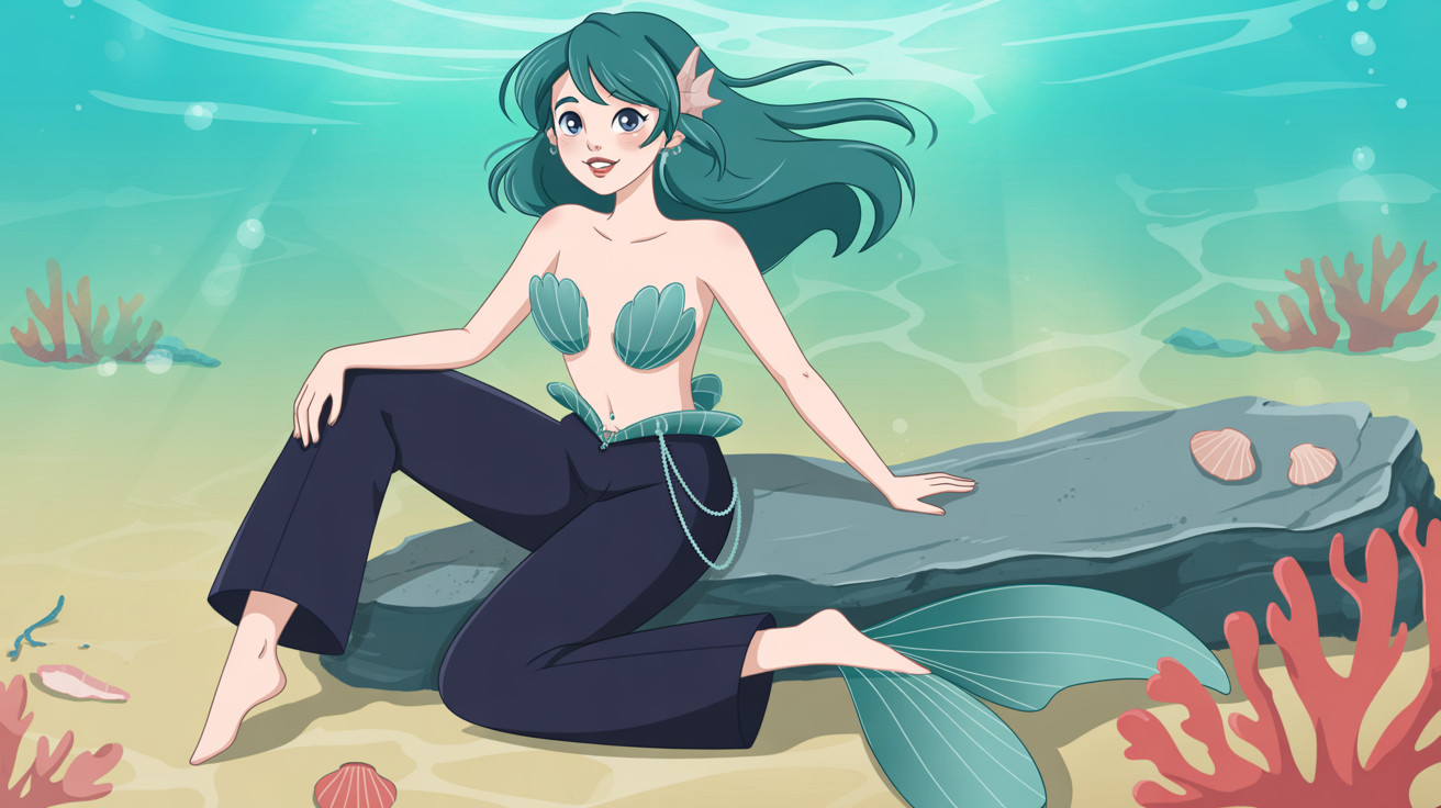 Cheerful anime mermaid with teal hair at ocean floor