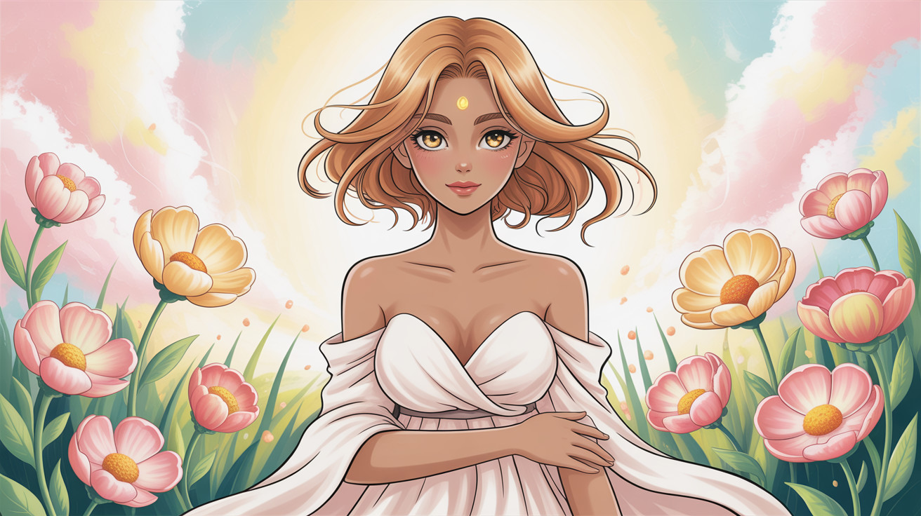 Anime Illustration of Woman in Meadow with Flowers