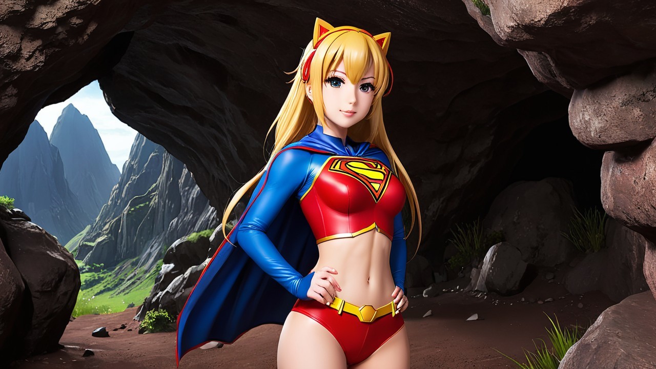 Colorful Superhero Character in Dramatic Cave Setting