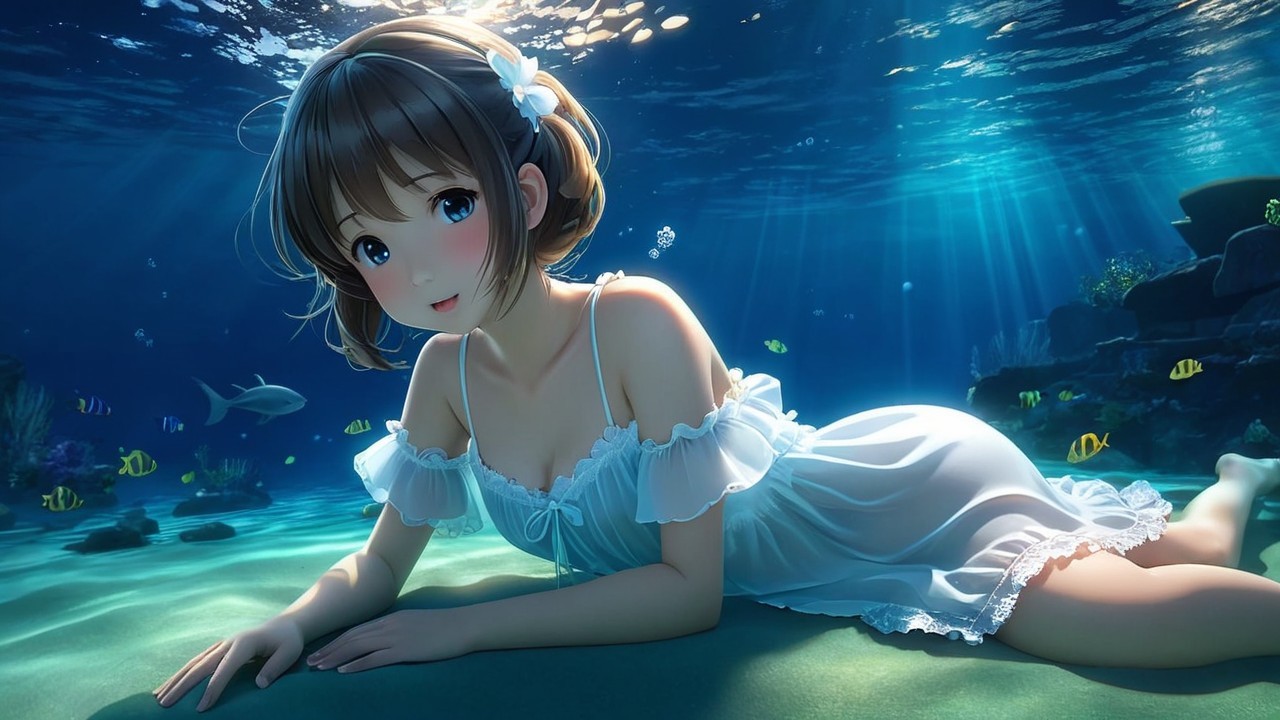 Underwater Scene of a Girl in a White Dress