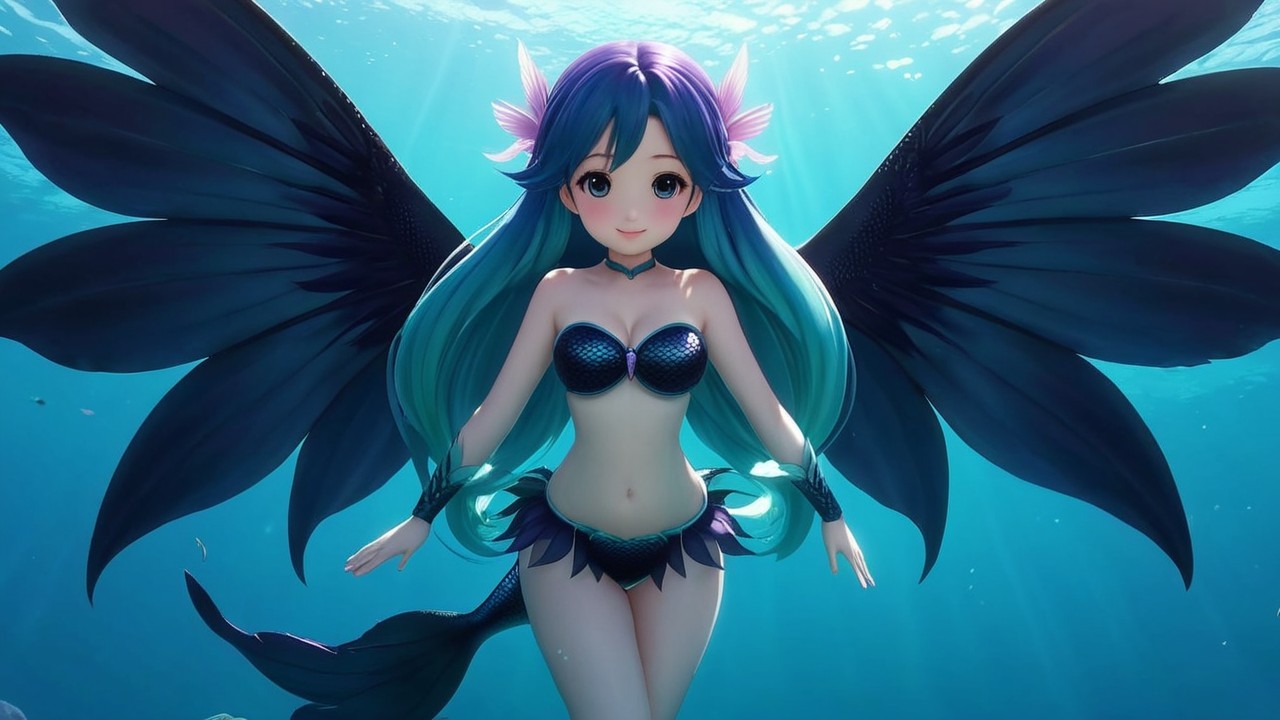 Vibrant Underwater Scene with Whimsical Mermaid