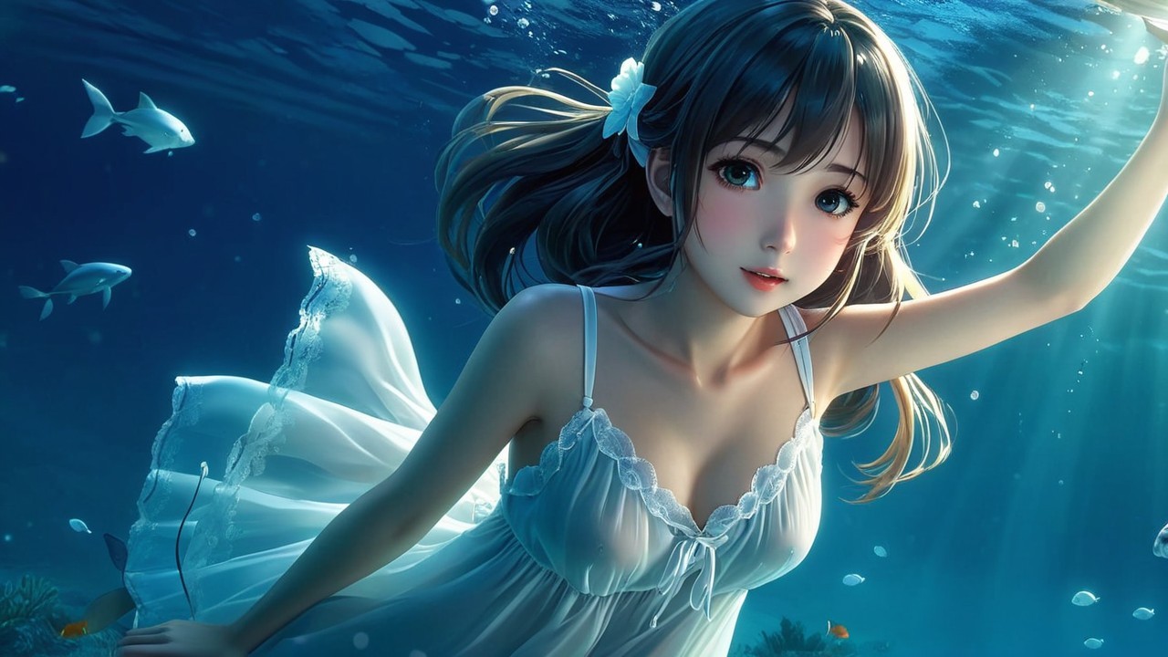 Underwater Scene with a Young Woman and Marine Life