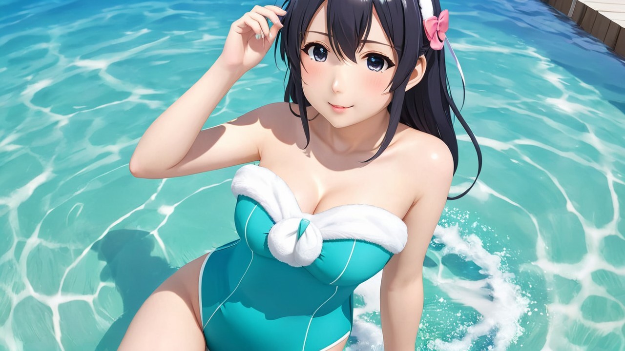 Young woman in turquoise swimsuit by blue pool