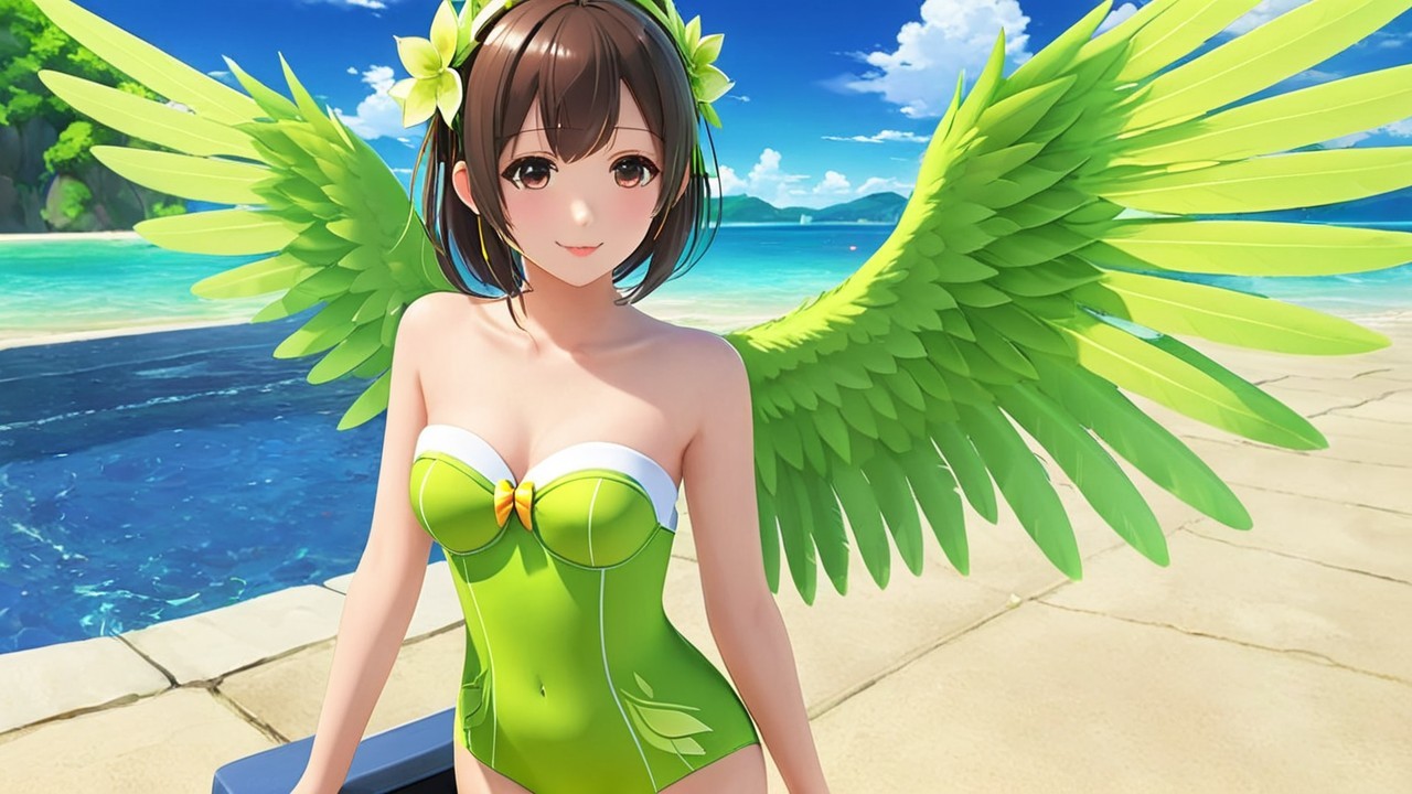 Vibrant Beach Character with Butterfly Swimsuit and Wings