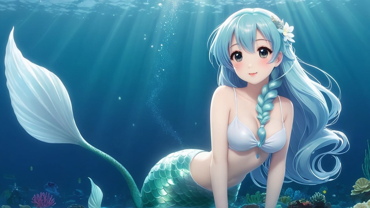Underwater Scene with Mermaid and Coral Reefs