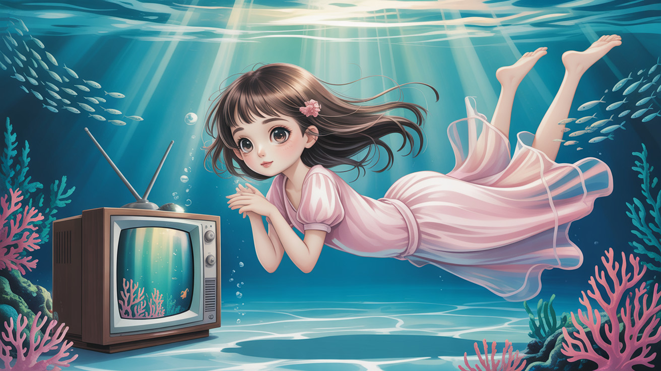 Underwater Scene with Girl and Vintage Television Set