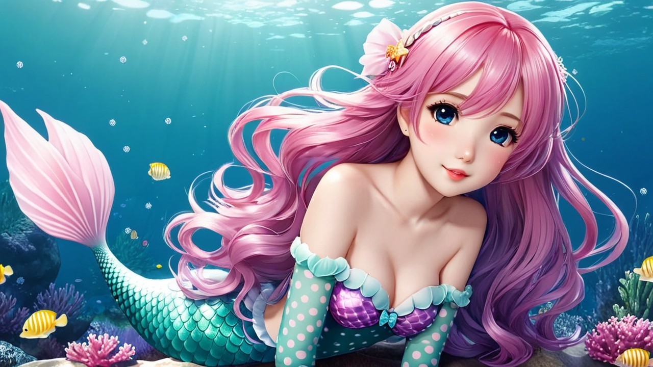 Colorful Underwater Scene with Dreamy Mermaid