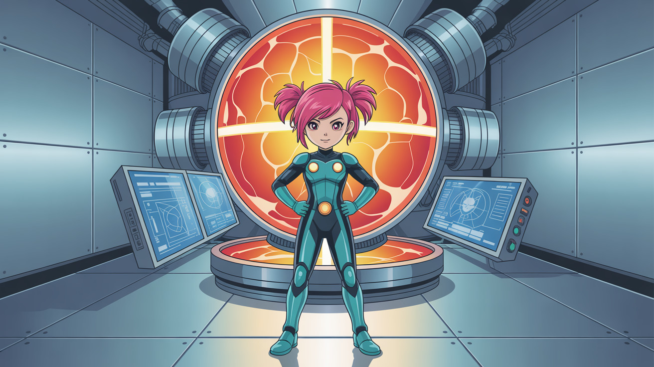 Young female superhero in futuristic lab setting