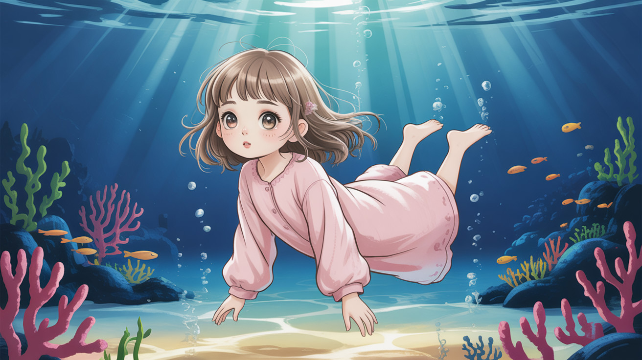 Anime Illustration of a Girl Swimming Underwater